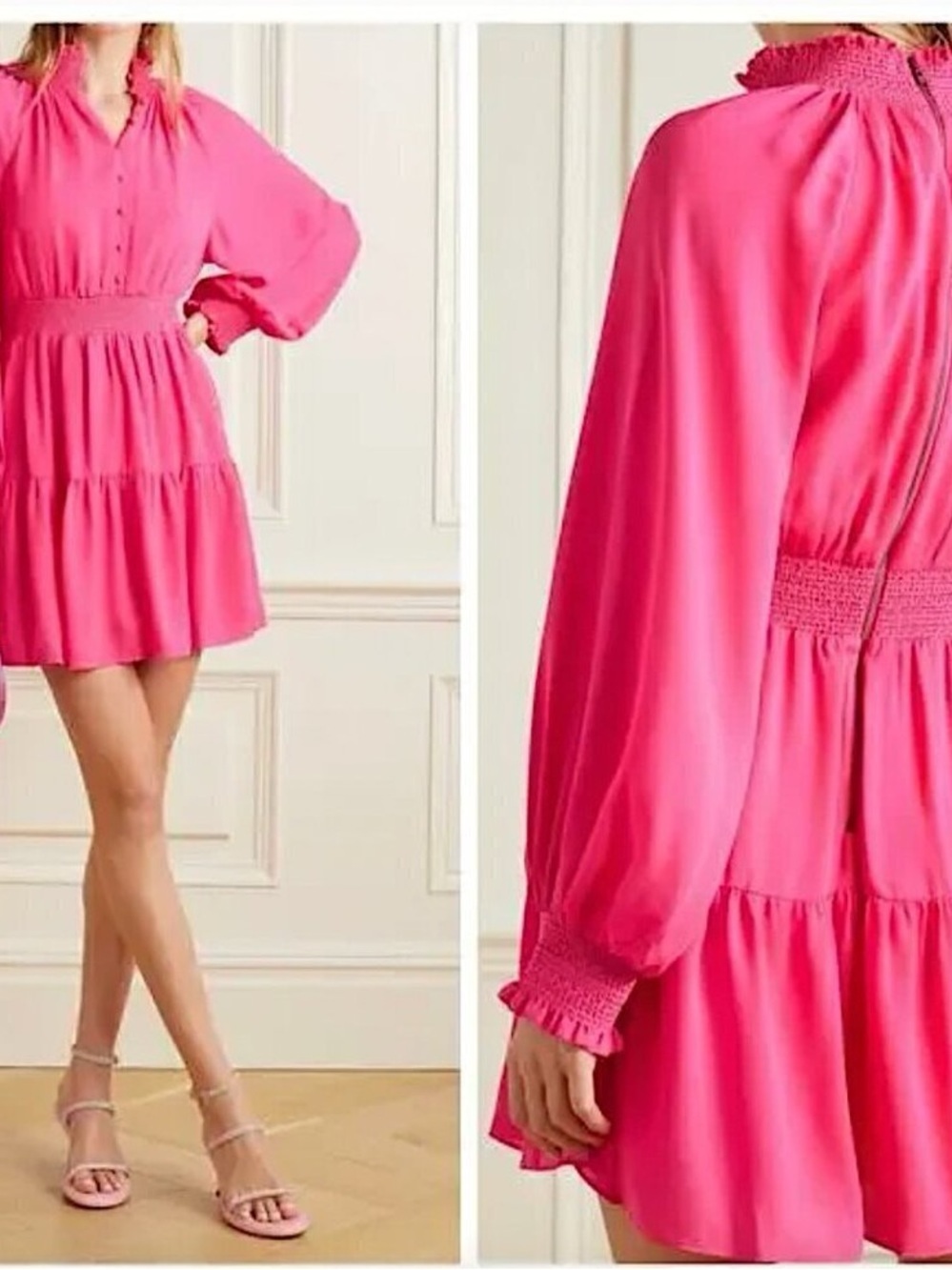 Alice + Olivia Lavinia Blouson Sleeve Smocked Tiered Mini Dress Wild Pink Size 2
